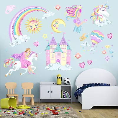 Princess Castle Fairy Unicorn Wall Stickers Kids Girls Bedroom Home Decor Art • £10.74