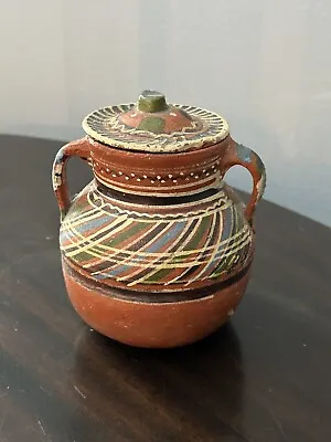 5” Mexican Folk Art Pot With Lid Pottery Vintage Hand Painted • $18