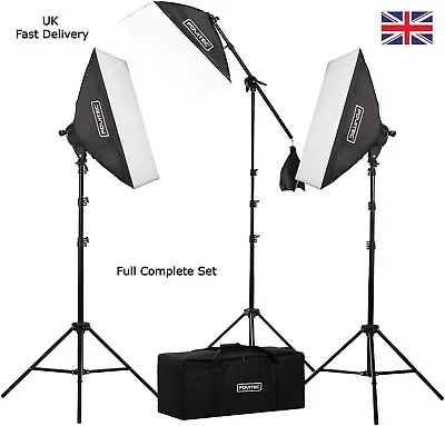 Fovi 2500W 3-Light SoftBox Kit With Boom Arm Photography Video Studio Lighting • £59.99