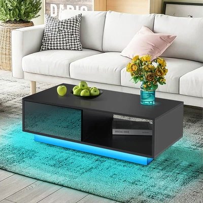 $151.99 • Buy High Gloss Coffee Table 16Color LED Light Living Room Storage Drawer Black