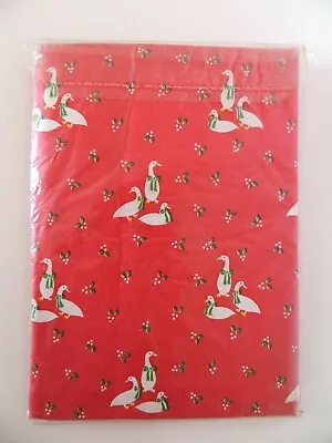 Vinyl Flannel Xmas Tablecloth Vtg 80s County Kitchen Goose Holly Red 52x70 NIP • $14.99