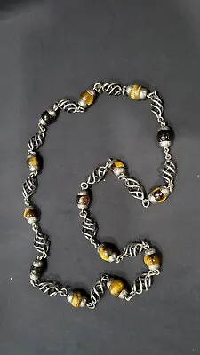 VINTAGE MEXICO STERLING SILVER & TIGER EYE NECKLACE 32  116 Grams • $188.98