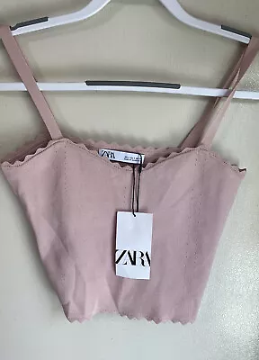 Zara Cropped Tank Top Size Small Pale Pink Scalloped Edges Stretchy NWT • $19.99