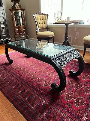 Amazing Handwork Antique Wood Carved Low Arched Table Coffee Table W Glass Top • $855