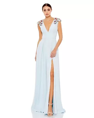 Mac Duggal Powder Blue Plunge Neck Empire Waist Beaded Shoulder Gown Sz 10 $538 • $248