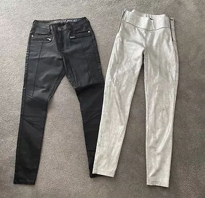 ZARA Women - 2 Coated Stretchy Jeans - Size : M  (8-10) Silver & Leather Look • $29.95