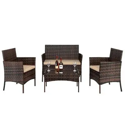 4 PCS  Patio Rattan Black Wicker Table Cushion Chairs Sofa Table Furniture Set • $153.99