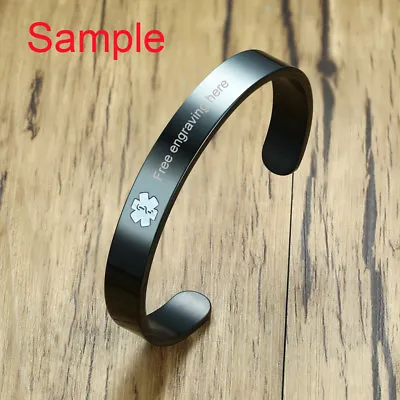 Men Black Medical Alert ID ICE Bangle Bracelet Cuff First Aid DIY Name Engraving • $10.99