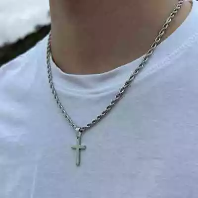 Men Stainless Steel Cross Pendant Necklace Hip Hop Simple Chain Silvery Gift New • $12.98