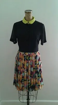 W118 Boutique Dress Aztec Tribal Neon Skirt W Black Top Collared Sz Small • $16