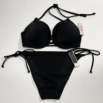 Victoria Secret 32D S Bombshell Push Up Bikini Top Side Tie Bottom Set Black • $77.85