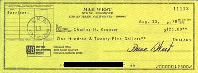 Mae West - Autographed Signed Check 08/23/1978 Co-signed By: Charles H. Krauser • $260