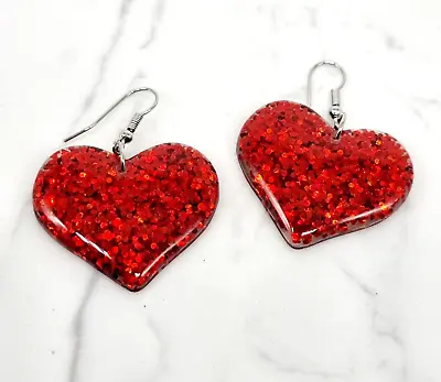 Red Shimmer Heart Earrings Hook Fastening Acrylic • £6