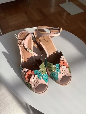 Anthropologie Miss Albright Open Toe Flower Sandal Heels Sz 7 Womens Pink • $34