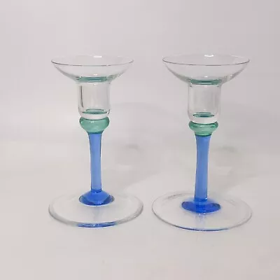 Candle Stick Holders Marked Set Of 2 Vintage Glass MCM Clear Blue Green 6” • $19.87