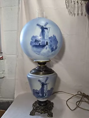 Antique Hand Painted Delft Blue Windmill Parlor Oil Lamp • $299.99