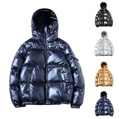 Mens Winter Shiny Quilted Padded Jacket Hooded Cotton Coat Warm Bubble Outerwear • $44.63