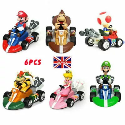 6Pcs Cartoon Super Mario Kart Pull Back Car Luigi Mini Action Figure Toys Gift • £9.49