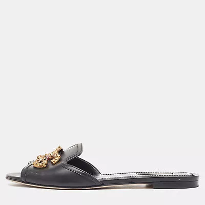 Dolce & Gabbana Black Leather DG Amore Flat Sandals Size 38 • $489.30