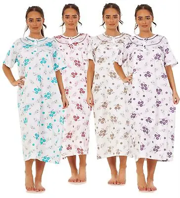 Women Long Nightdress 100% Cotton Floral Button Short Sleeve Nightwear M To 3XL • £9.95