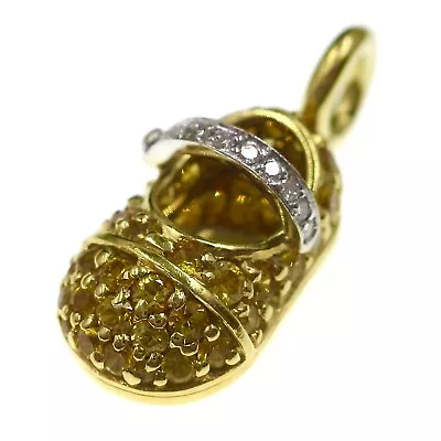 Aaron Basha 18k Yellow Gold Diamond Yellow Sapphire Baby Shoe Pendent • $1625