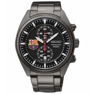 SEIKO Chronograph SNN267P1 FC Barcelona Football Watch Barca Black Ionized Steel • $345