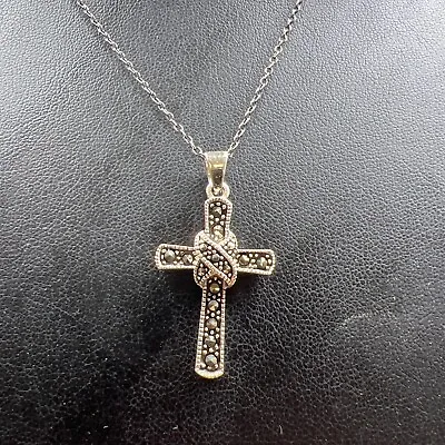 925 Sterling Silver Marcasite Cross Pendant Necklace 3.51g • $22.99