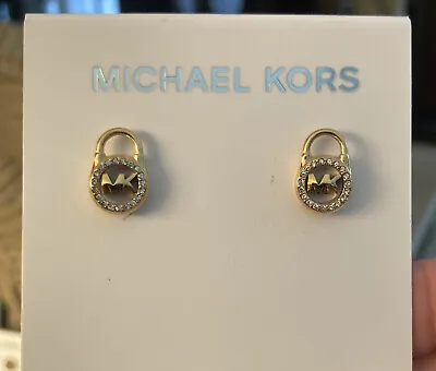 MICHAEL KORS Pave Crystal Padlock Stud Earrings Gold Tone~MSPR $95~New On Card • $24