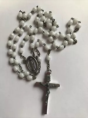 Small 15” Vintage Catholic Rosary - White Glass Beads - Made In Italy • $13.59