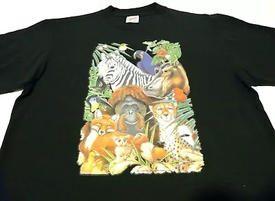 Vintage 1995 Jerzees T-Shirt Mens Large Black Jungle Animal Graphic Zebra Parrot • $16.88