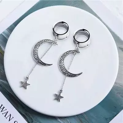 Pair Moon And Stars Dangle Ear Tunnels Plugs Ear Gauges Piercings Body Jewelry • $16.37