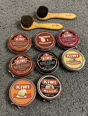 Lot Of Vintage Kiwi Shoe Polish Tins & Brushes Black Brown Neutral Tan Cordovan • $34.99