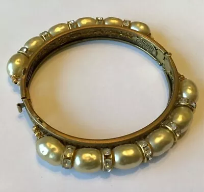 Vintage Miriam Haskell Faux Baroque Pearl And Rhinestone Hinged Bracelet 17g • $75