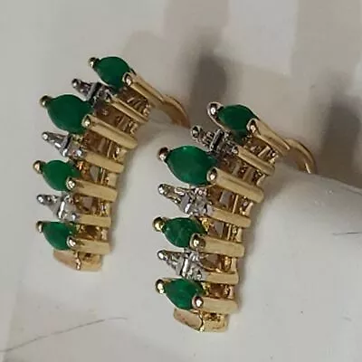 14K Yellow Gold Screw Back 8 Marquise Emerald 12 Baguette Diamond Earrings 3.2 G • $695