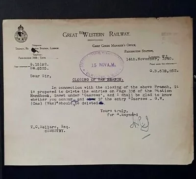 £12 • Buy Great Western Railway Chief Goods Manager Letter .Closing Of Van Branch 1940 WW2