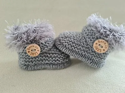 £6.49 • Buy New Baby  Booties  BORN IN 2023 0-3Months  Hand Knitted Grey (silver) Fur