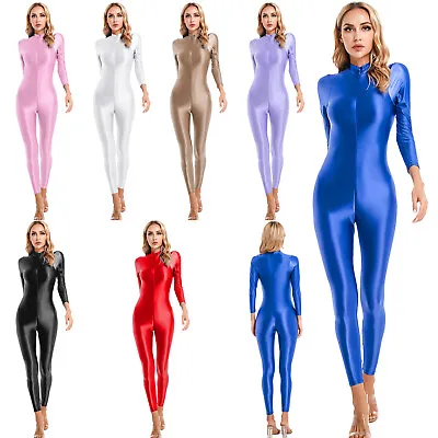Women Shiny Long Sleeve Double Zip Smooth Leotard Bodysuit Jumpsuit Catsuit • $15.72
