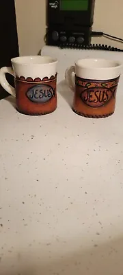 $39.99 • Buy Coffee Mugs With Leather Holder Jesus Religious Made In Paraguay Saltman Unique