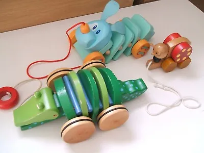 £12.99 • Buy (R) Wooden Pull Along Toys Crocodile, Dog And A Snail On Wheels