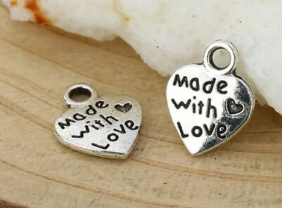 25 ANTIQUE SILVER  DOUBLE SIDED 'Made With Love' HEART CHARMS 12mm~Crafts (11B) • £2.80