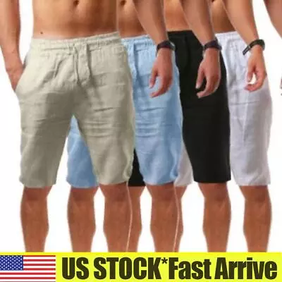 Men's Cotton Linen Capri Shorts Summer Casual Jogging Pants Beach Trousers • $17.10