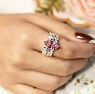 3.30 Ct Marquise Cut Lab Created Pink Sapphire Party Ring 14k White Gold Plated • $87.19