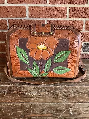 Vintage Hand Tooled Leather Purse Western Floral Laced Handbag-Estate Find • $29.99