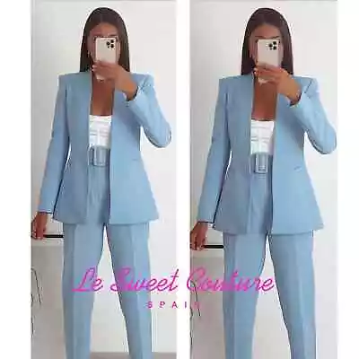 ZARA Lapelless Fitted Blazer Light Blue NWT Size Medium Shoulder Padded Office • $70