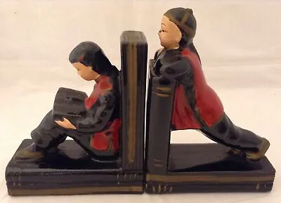 Enesco Vtg Redware Oriental Chinese Boy And Girl Bookends Black Red Gold Japan • $20.95