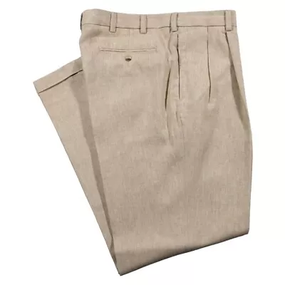 Jos. A. Bank Mens Dress Pants Beige Linen Straight Cuffed Pleated Trousers 38x32 • $29.99
