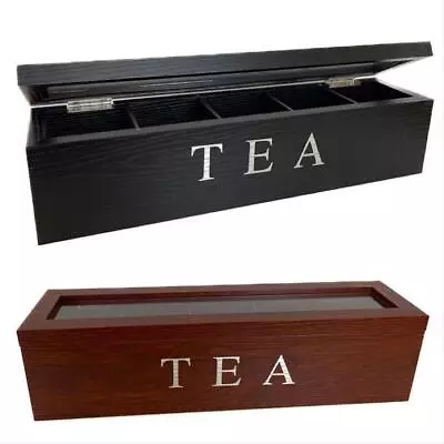 Tea Box Tea Bag Organizer Tea Holder Wooden Tea Chest Glass Lid 5 Compartment • $32.95