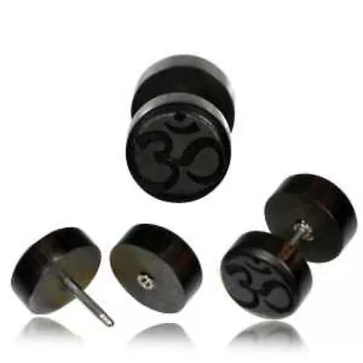 PAIR BLACK EBONY WOOD FAKE CARVED OM CHEATER PLUGS 18g PLUG 2G HEADS  • $11.99