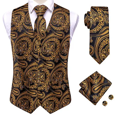 Mens Gold Blue Red Paisley Dress Vest Neck Tie Hankie Set Suit Tuxedo Waistcoat • $16.99