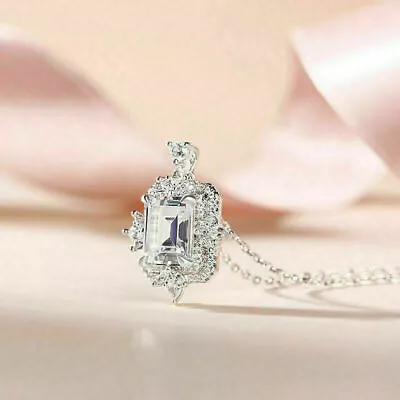 2.50CT Emerald Cut  Moissanite Vintage Pendant Necklace 14k White Gold Finish • $168.79